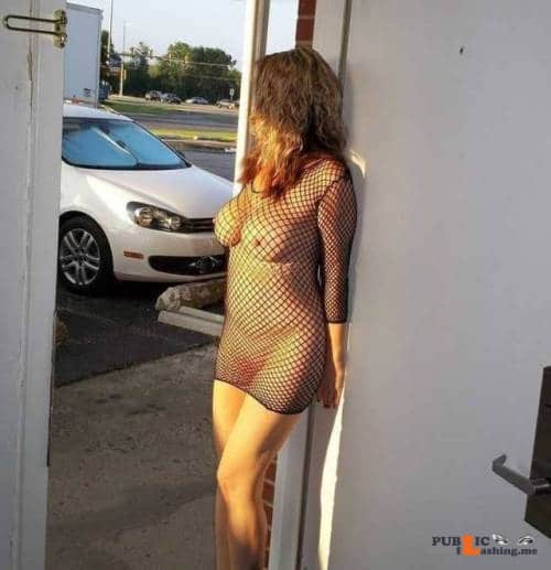 Exposed in public Waiting to be seen, exposed, outside her motel room door… Public Flashing