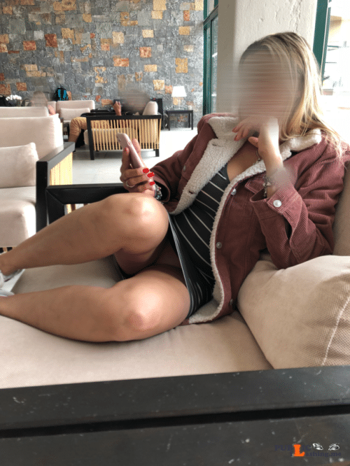 No panties hornywifealways: This is how I wait at the hotel lobby pantiesless Public Flashing