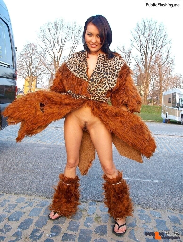 Asian model in brown coat pussy public nudity Public Flashing
