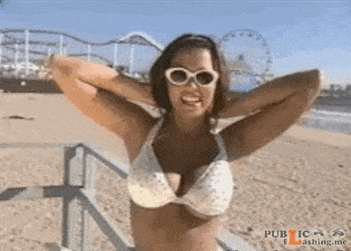 Public Flashing GIFs Boobs GIFs Boobs Beach GIFs Beach : Sexy tanned brunette is taking down her white bra as a surprise for her followers. She reveals her really big natural melons which looks like they are full of fresh milk. Super hot babe really enjoys to be topless. There...