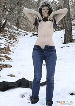Teen flashing boobies in snowy forest Public Flashing