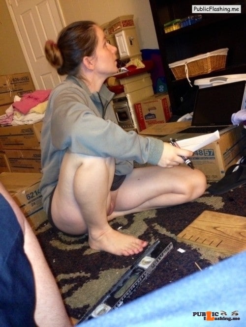 Public Flashing Photo Feed : No panties My wife working on a project while my buddy and I watched the… pantiesless