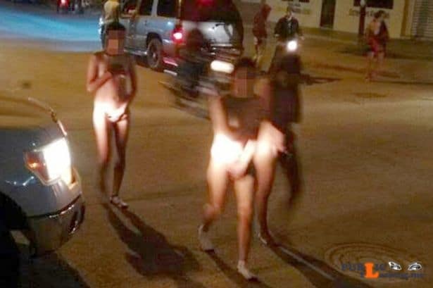 Naked blonde under head lights at night Public Flashing