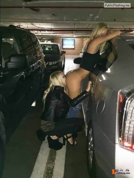 Two lesbian blondes ass licking parking garage Public Flashing