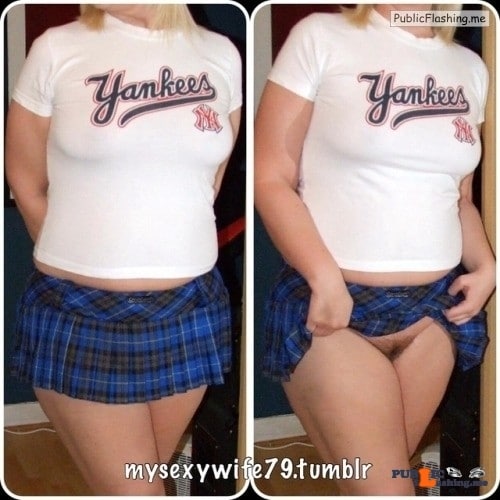Public Flashing Photo Feed : No panties mysexywife79: Proving she’s knickerless under her short skirt!… pantiesless