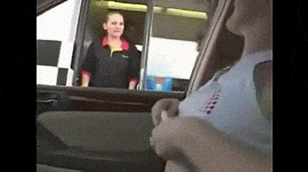 Boobs flashing and unexpected reaction at McDonalds drive in GIF