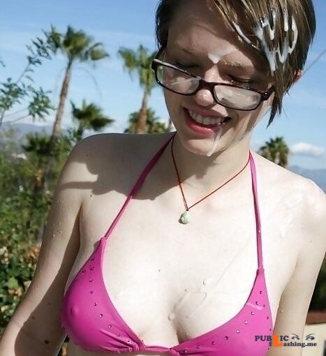 Cum on her hair glasses and breast on the beach
