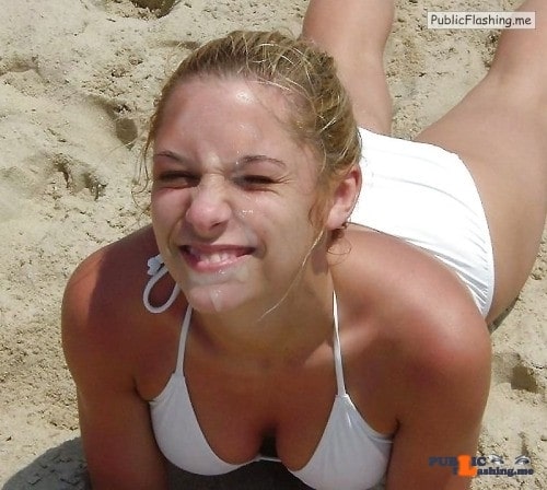 GF in white bikini big smile under facial creampie on beach