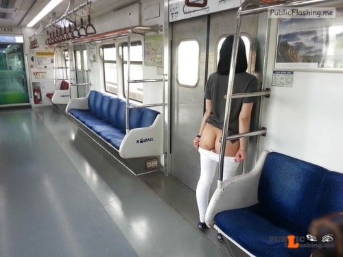 carelessinpublic: Inside a train and showing her bottomless… flashing in public picture