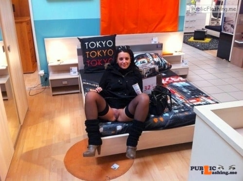 Public flashing photo pantyless-upskirt-love:Commando bed shopping