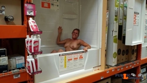 Public Flashing Photo Feed : Public exhibitionists happyembarrassedbabes: Naked in a retail store bathtub display…