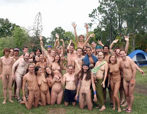 group photo of happy exhibionists in camp Public Flashing